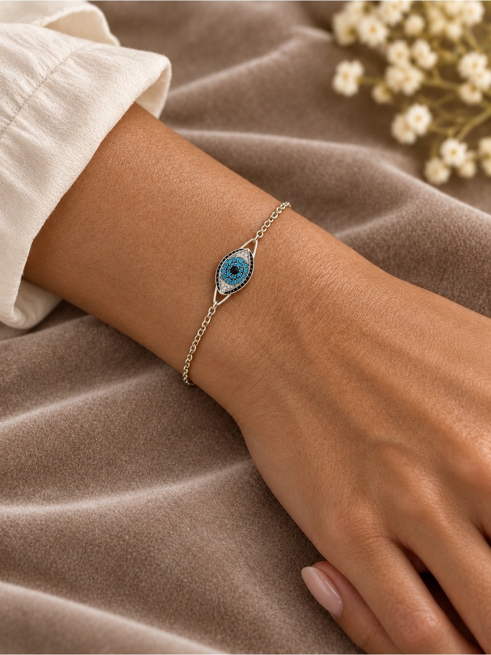 925 Sterling Silver Blue Black & White Diamond Evil Eye Bracelet